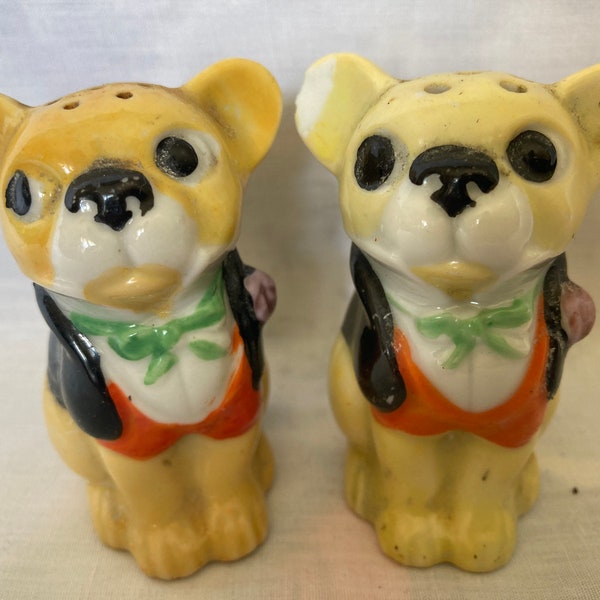 Vintage Bulldogs In Tuxedoes Salt and Pepper Shakers Anthropomorphic Made in Japan, As Is