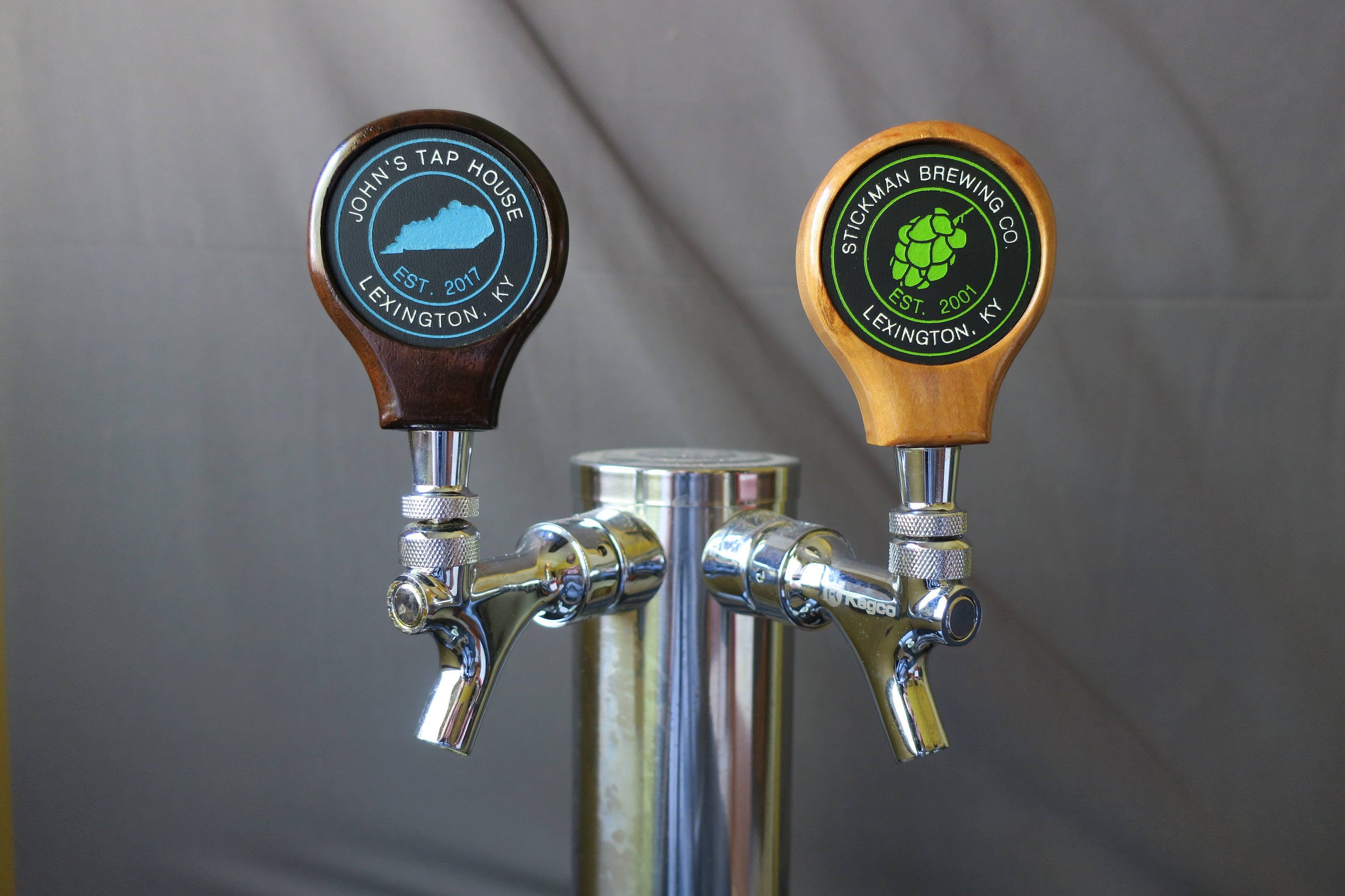 Tap handle, wood with custom graphic, 3.25 inches tall