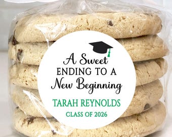 Class of 2026 Graduation Party Favor Stickers: Sweet Ending to New Beginning, R2x2.5.GR14