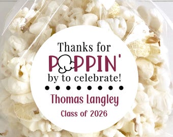 Personalized Popcorn Graduation Party Favor Stickers: Class of 2026, R2x2.5.GR16