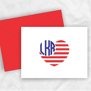 Heart Flag Patriotic Monogram Note Cards, Summer 4th of July Stationery Thank You Cards Gift