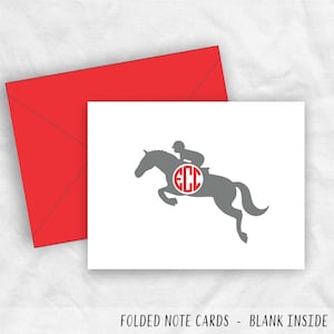 Show Hunter Jumper Horse Equestrian Monogram Stationery Note Cards, Equine Jumping Horse Monogram Thank You Cards