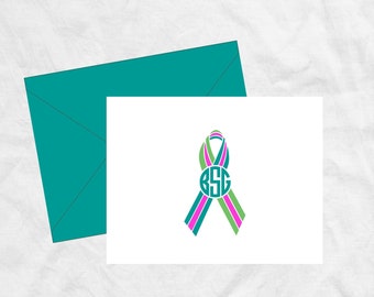 Metastatic Breast Cancer Awareness Ribbon Monogram Stationery Note Cards, Metastisized Cancer Thank You Cards