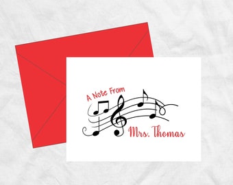 Personalized Music Teacher Thank You Cards, Music Notes Choir Band Teacher Stationery Note Cards Gift