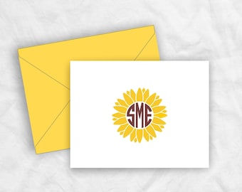 Sunflower Monogram Stationery Note Cards, Summer Sunflower Monogram Thank You Cards