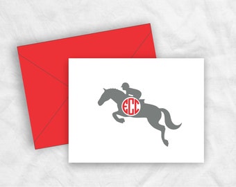 Show Hunter Jumper Horse Equestrian Monogram Stationery Note Cards, Equine Jumping Horse Monogram Thank You Cards
