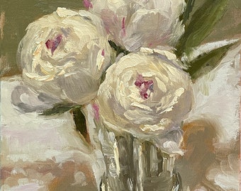 Unframed Original Oil Painting, 8”x6” White Peonies in a Silver Julep Cup floral still life art Impressionist style