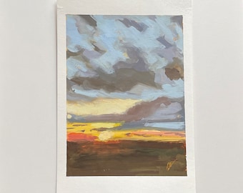 Soft Light at Sunset,5"x7", gouache painting on paper unframed original art sunset landscape skyscape contemporary impressionism