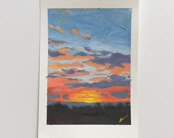 Red Sky Sunset,5"x7", gouache painting on paper unframed original art sunset landscape skyscape contemporary impressionism orange purple