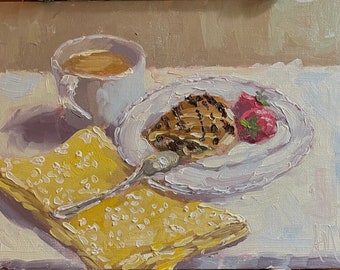 Original Oil Still Life Painting. 8”x 6”, unframed oil on linen canvas panel chocolate croissant and strawberries with coffee impressionism