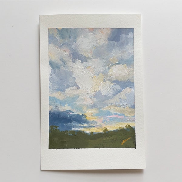 At Day's End, 5"x7' gouache on paper unframed original painting sunset landscape art clouds skyscape