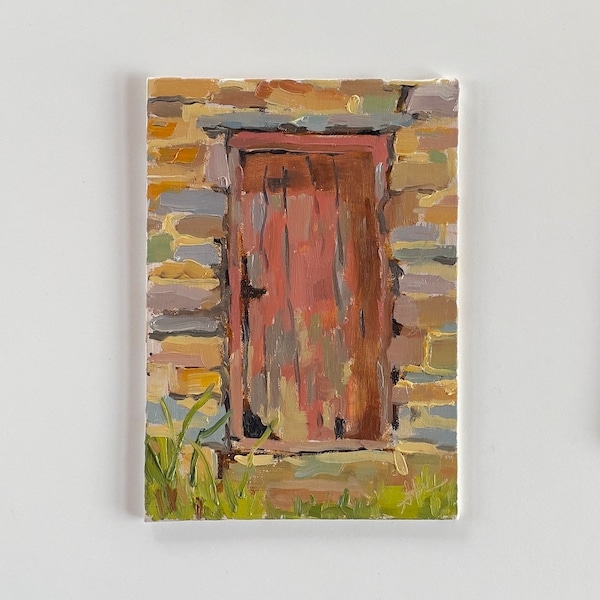 Original oil painting, unframed 5x7 red barn door plein air landscape study old farm Loudoun County, Virginia