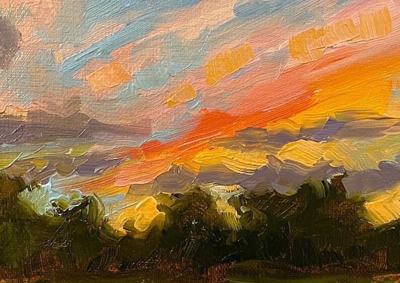 Original Landscape Oil Painting, 5x7, unframed linen canvas panel board sunset sky cloud wall art impressionist realism cloudscape image 3