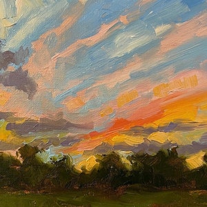 Original Landscape Oil Painting, 5x7, unframed linen canvas panel board sunset sky cloud wall art impressionist realism cloudscape image 2