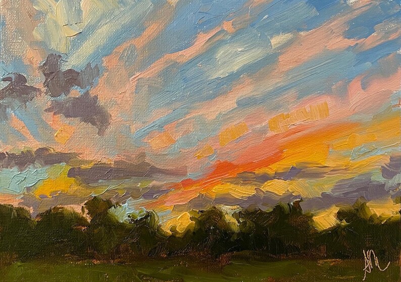 Original Landscape Oil Painting, 5x7, unframed linen canvas panel board sunset sky cloud wall art impressionist realism cloudscape image 2