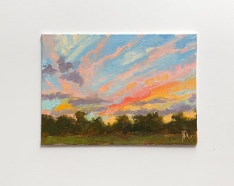 Original Landscape Oil Painting, 5”x7”, unframed linen canvas panel board sunset sky cloud wall art impressionist realism cloudscape