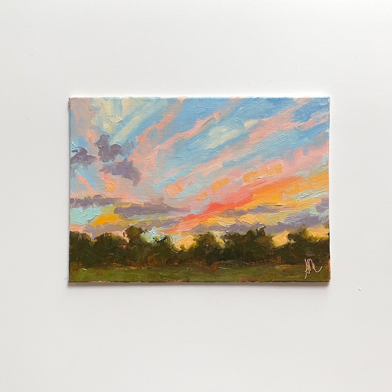 Original Landscape Oil Painting, 5x7, unframed linen canvas panel board sunset sky cloud wall art impressionist realism cloudscape image 1