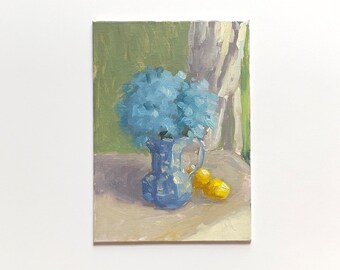 Original Still Life Oil Painting, 5”x7”,oil on linen canvas, Unframed Impressionist Hydrangeas in a Blue and White Pitcher with Yellow Lemon