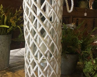 Tall White Willow Lantern With Glass Insert 20" High