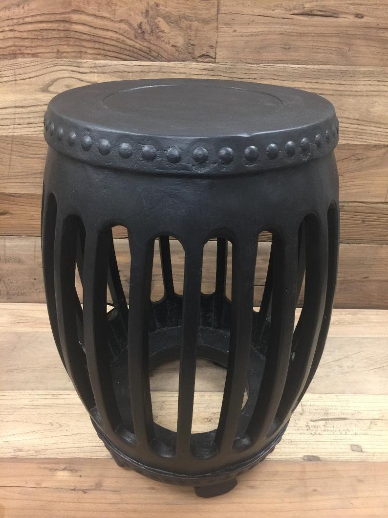 Reclaimed Elm Wood Carved Black Side Table Accent Image 0