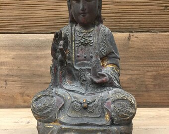 Vintage Chinese Wood Kuan Yin Statue Hand Carved 10 Inch High