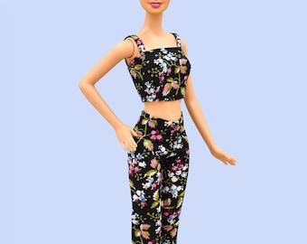 Fashion Doll Outfit (050) - 2pieces Black Floral Print Doll Set - Handmade Clothes For 11.5 inch Fashion Dolls - Lovemade