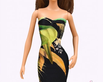 Strapless Black Floral Doll Dress (109) – Handgemachte Kleidung für 11.5"-12" Modepuppen