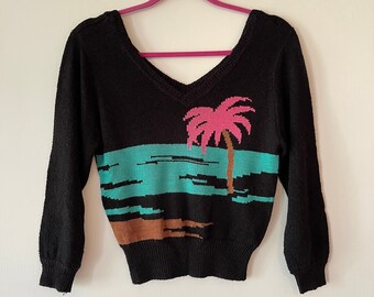 Vintage 80’s Palm Tree Sweater Deep V Front and Back small