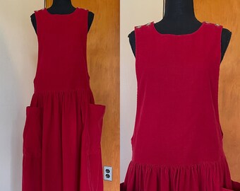 Lovely vintage 80's red corduroy jumper midi dress with pockets