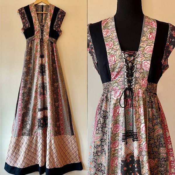 Lovely Vintage 70's Jody T of California Maxi Dress Calico Floral Corset Top Music Festival Boho Hippie