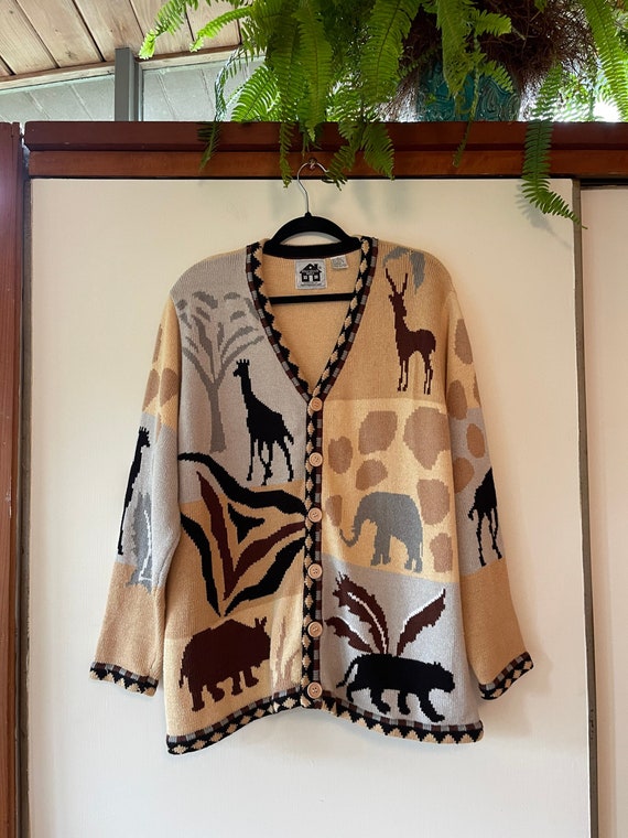Vintage 90’s Safari Animal Cardigan Sweater size … - image 1