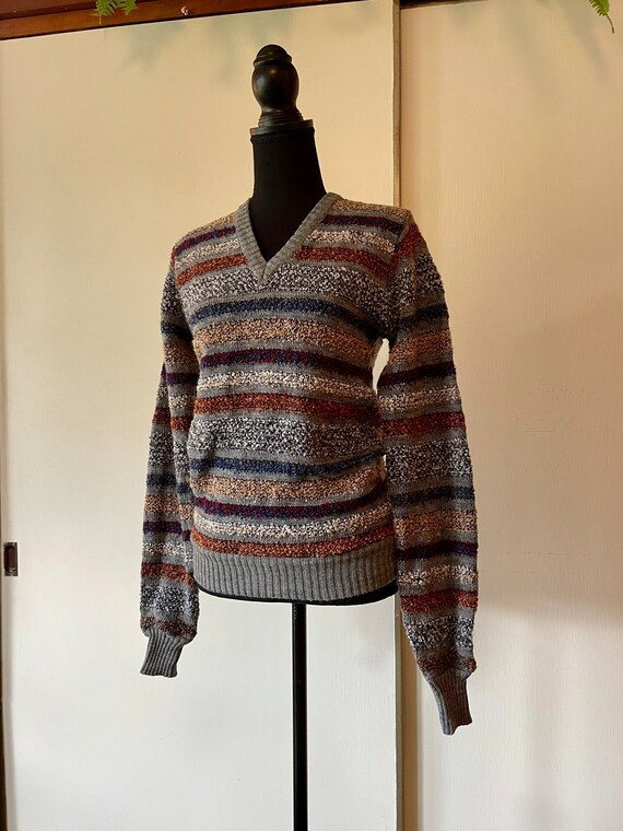 Vintage Unisex 70's Striped Textured Sweater V-ne… - image 5