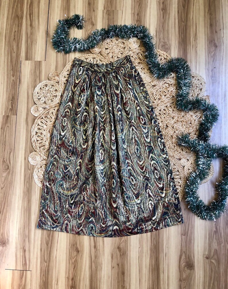 Women/'s 80\u2019s Caroline Charles London Designer vintage maxi Skirt Gold Colorful Paisley Metallic Party Skirt 29 Waist Neiman Marcus