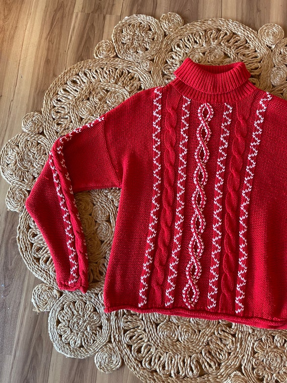 Vintage 90’s cable knit sweater turtleneck red an… - image 4