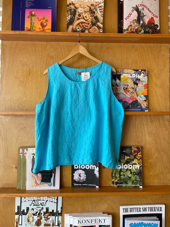Vintage FLAX Turquoise Linen sleeveless blouse Si… - image 1
