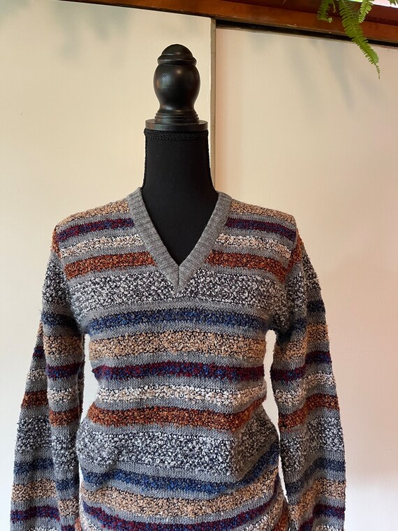 Vintage Unisex 70's Striped Textured Sweater V-ne… - image 3