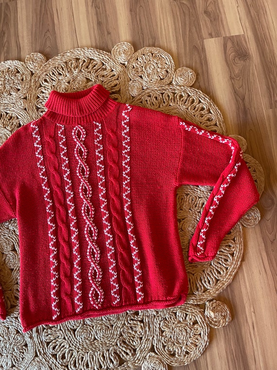 Vintage 90’s cable knit sweater turtleneck red an… - image 7