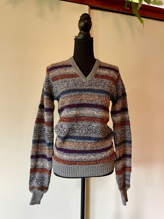 Vintage Unisex 70's Striped Textured Sweater V-ne… - image 1