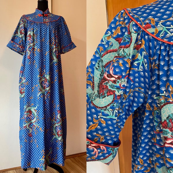 Vintage 70s loungewear gown muumuu dress oversized kaftan Asian inspired Year of the Dragon Lunar New Year