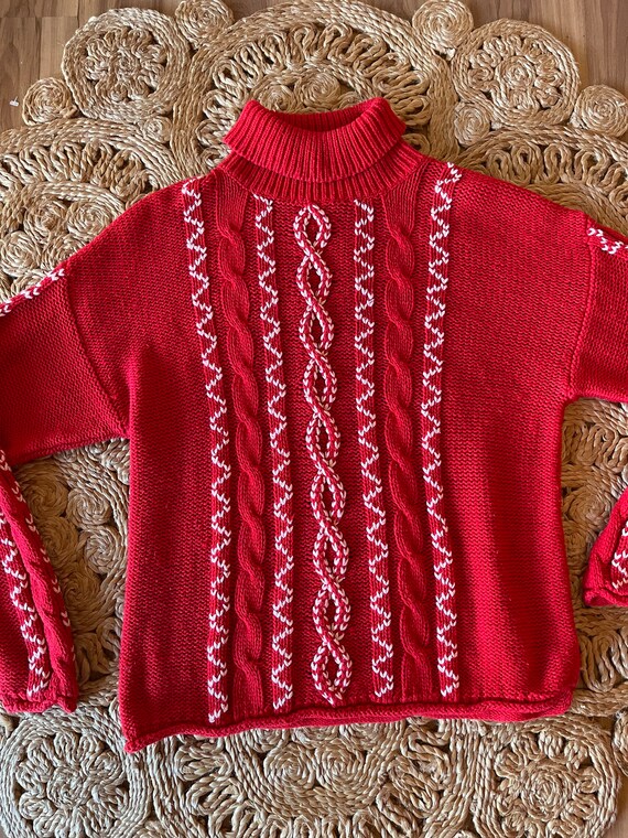 Vintage 90’s cable knit sweater turtleneck red an… - image 2