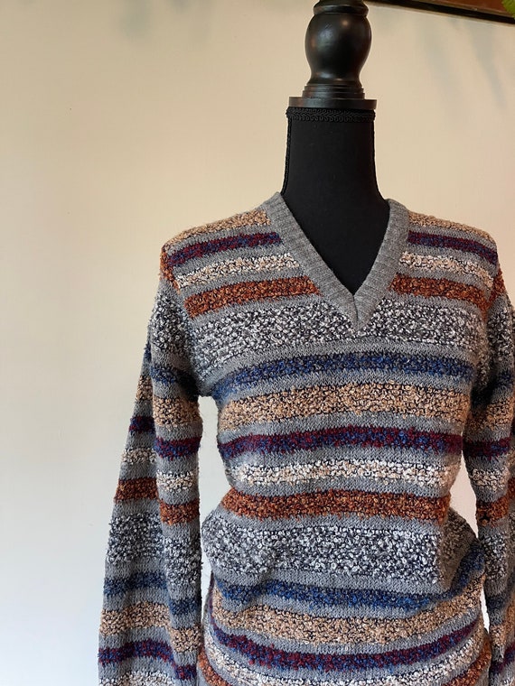 Vintage Unisex 70's Striped Textured Sweater V-ne… - image 8