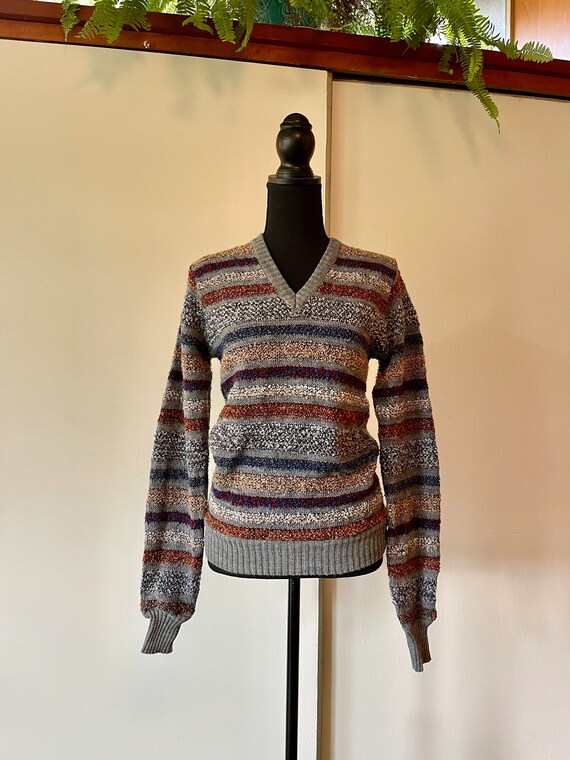 Vintage Unisex 70's Striped Textured Sweater V-ne… - image 2