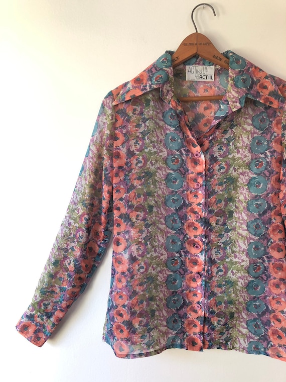 Vintage 70s Sheer Floral Button Up Blouse by Acting Up by Act | Etsy