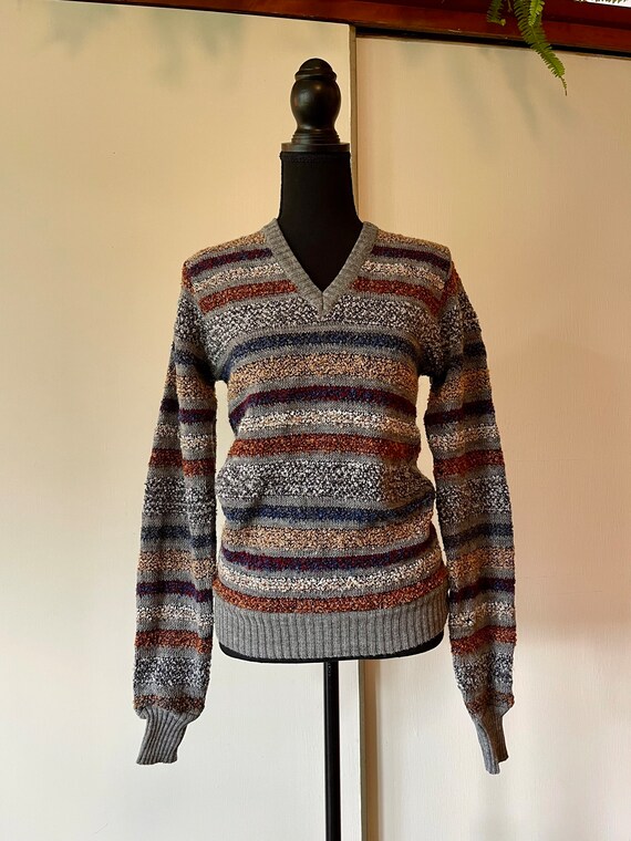 Vintage Unisex 70's Striped Textured Sweater V-ne… - image 7