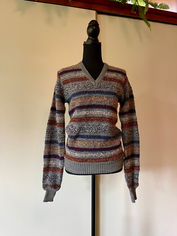 Vintage Unisex 70's Striped Textured Sweater V-ne… - image 9