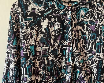 Vintage 90’s Parisian Cafe’ Themed Blouse Novelty Print Long Sleeve  size 10