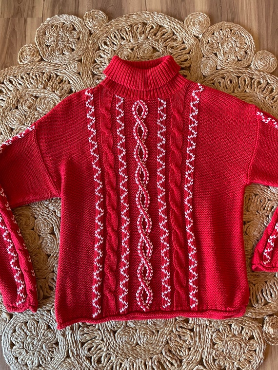 Vintage 90’s cable knit sweater turtleneck red an… - image 9