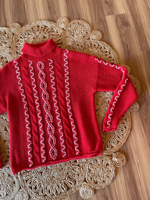 Vintage 90’s cable knit sweater turtleneck red an… - image 5