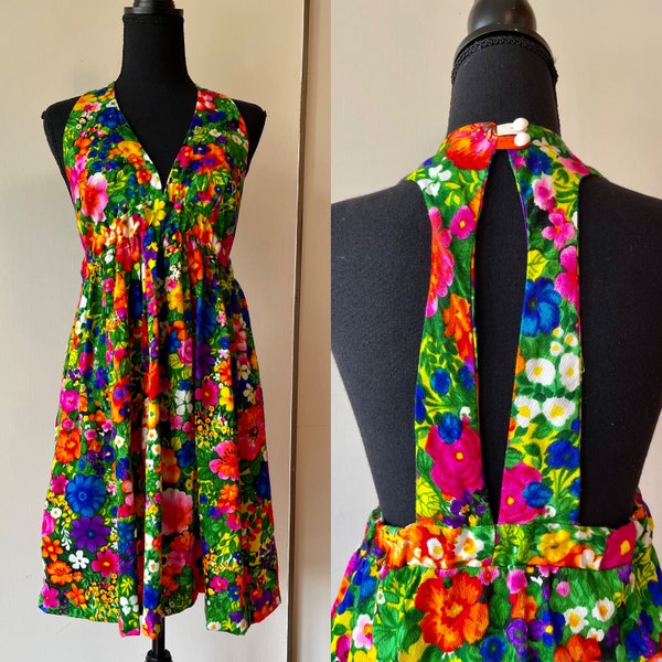 Vintage 70's Bright Floral Mini Dress Handmade size S open back