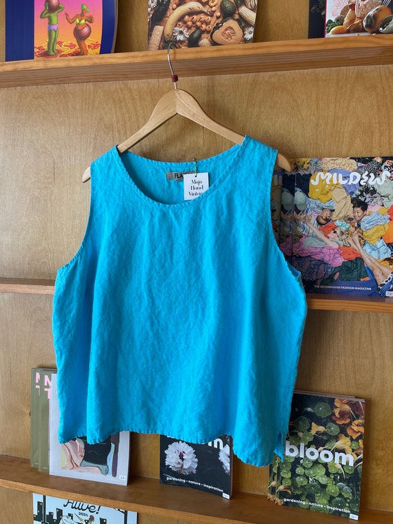 Vintage FLAX Turquoise Linen sleeveless blouse Si… - image 3